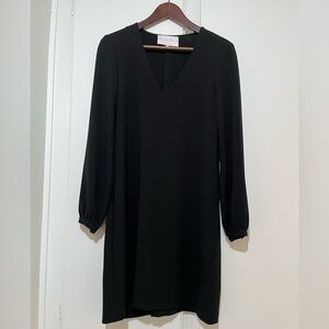 Charles Henry Crepe Black V-Neck Sheath Dress with Bishop Sleeves